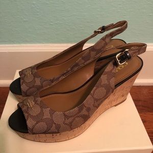8.5 Coach Brown Signature Jacquard Wedges